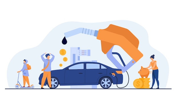High price for car fuel concept. people wasting money for gasoline, changing car for scooter, saving cash. flat vector illustration for economy, refueling, city transport concept