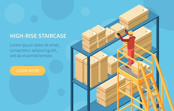 Free Vector high rise staircase isometric banner illustrating with workman working in warehouse with top shelves workplace vector illustration