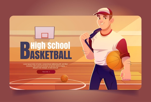 Vettore gratuito sportivo dell'insegna di web del fumetto di pallacanestro del liceo in uniforme della squadra che tiene la palla sul backgr della palestra...