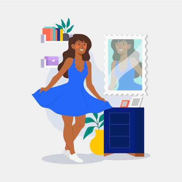 High self-esteem illustration with woman and mirror