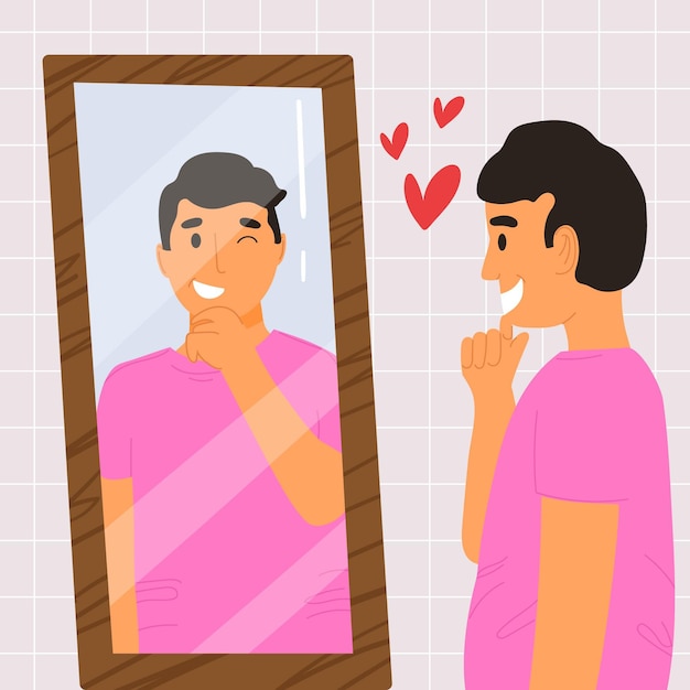 Бесплатное векторное изображение Высокая самооценка с мужчиной и зеркалом