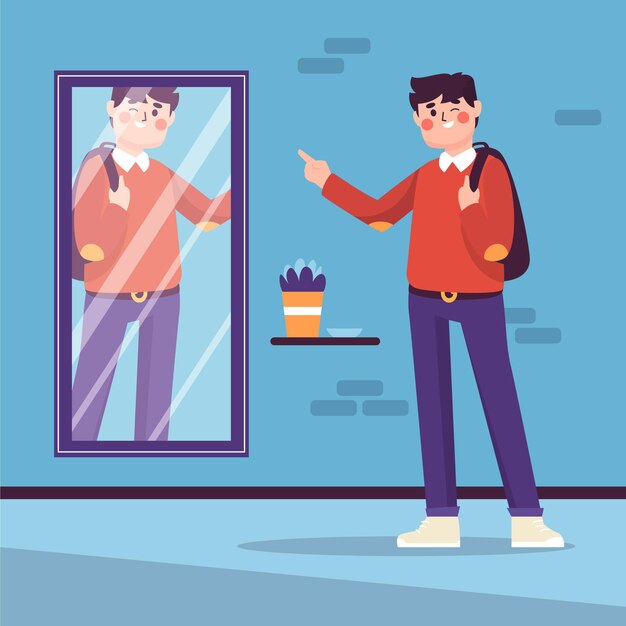 High self-esteem with man and mirror