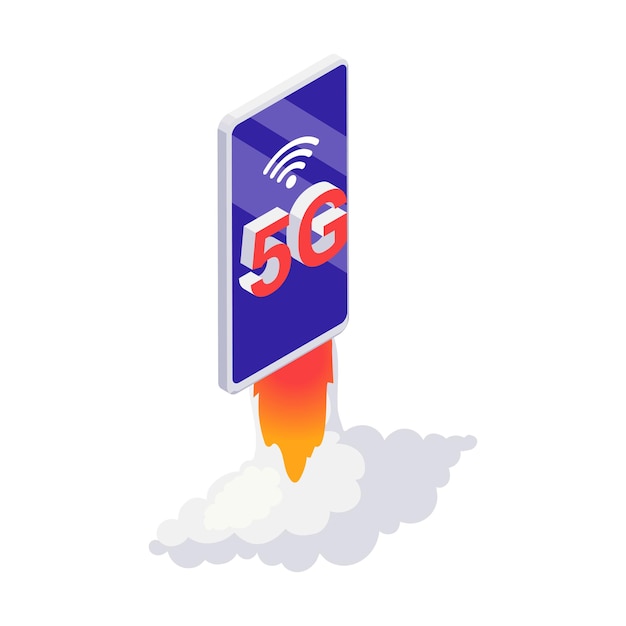 Vettore gratuito concetto di internet ad alta velocità 5g con lancio di smartphone come illustrazione vettoriale di razzo 3d