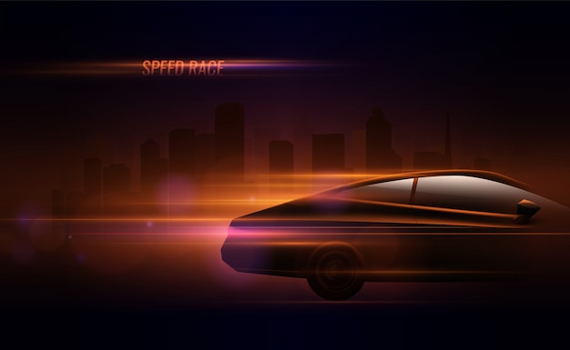 High Speed Race Hatchback Car Trailing Lights Motion Effect Realistic Composition In Night City Street