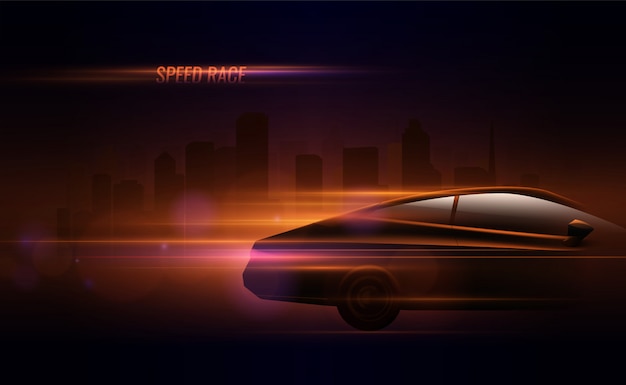 High speed race hatchback car trailing lights motion effect realistic composition in night city street
