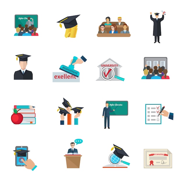 Free vector higher education and graduation with cloaks and academic caps icons set