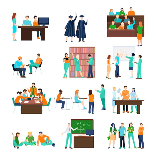Free vector higher education person set of students in different situations
