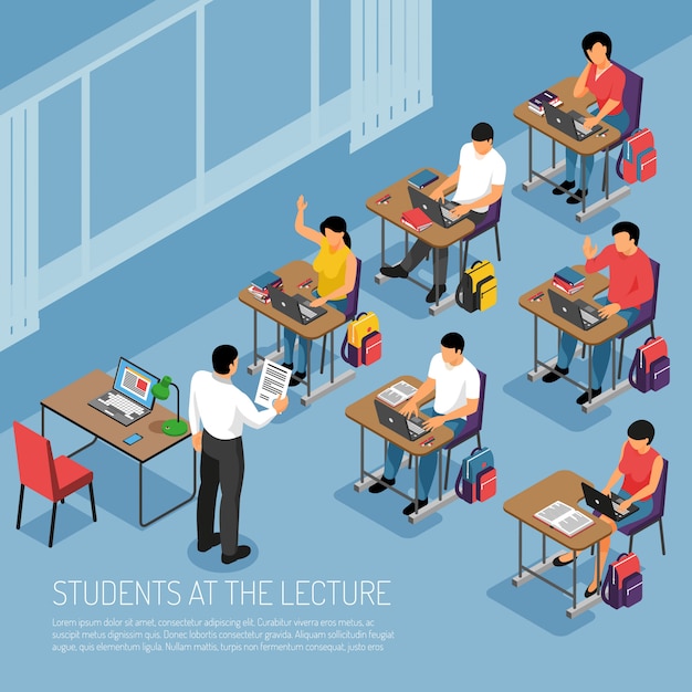 Higher education students taking notes at tutorial lecture\
participating in seminar seminar classes isometric composition\
vector illustration