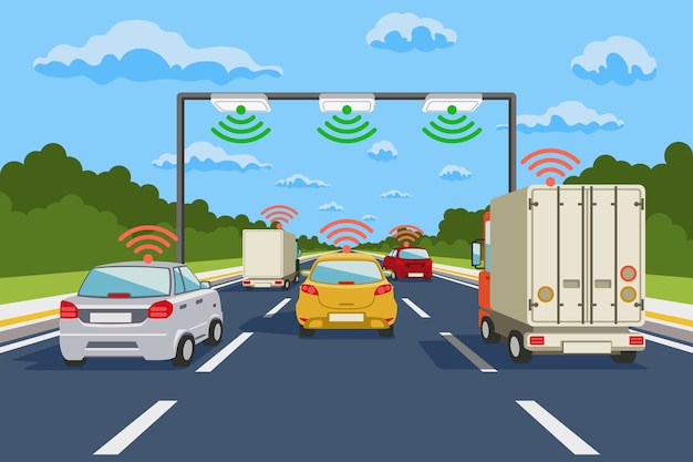 Infographics di vettore del sistema di comunicazione autostradale. comunicazione stradale, illustrazione di comunicazione del sistema autostradale