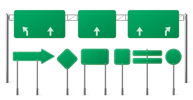 Vettore gratuito segnali stradali verdi autostradali, pannelli segnaletici in bianco su pali in acciaio per indicare la direzione del traffico cittadino