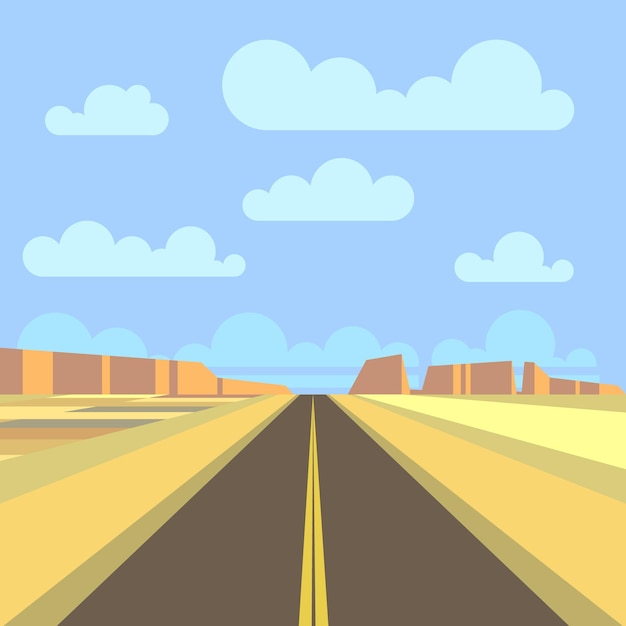 フラットスタイルの高速道路と山の風景。
