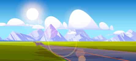 Free vector highway at mountains landscape, empty road modern infrastructure with markup. two-lane asphalted straight way, rocks and green field perspective view, summer nature, cartoon vector illustration