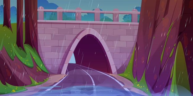 Free vector highway tunnel under bridge in rainy weather vector cartoon illustration of wet road running through stone bridgework arch between mountains forest trees green grass on hills game background