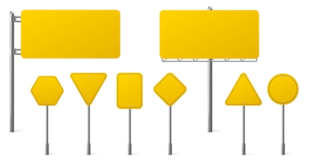 고속도로 노란색 도로 표지판, 도시 교통 방향을 가리키는 강철 기둥에 빈 간판 보드