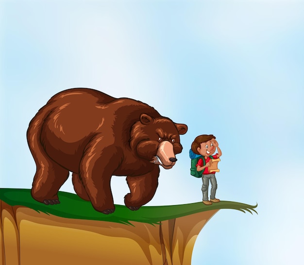 Hiker and bear on the cliff