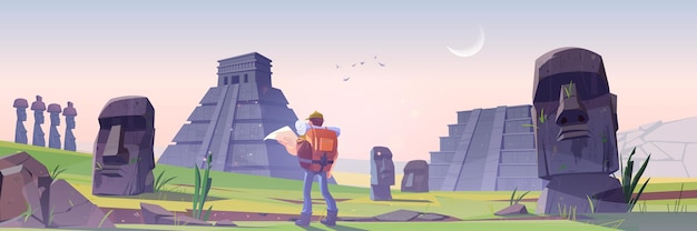 Free vector hiker man on easter island with ancient mayan pyramids and moai statue