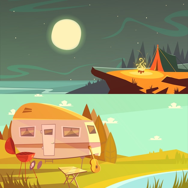 Hiking and camping cartoon horizontal banners set