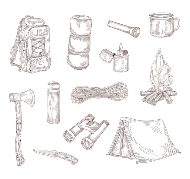 Hiking equipment hand drawing illustration set