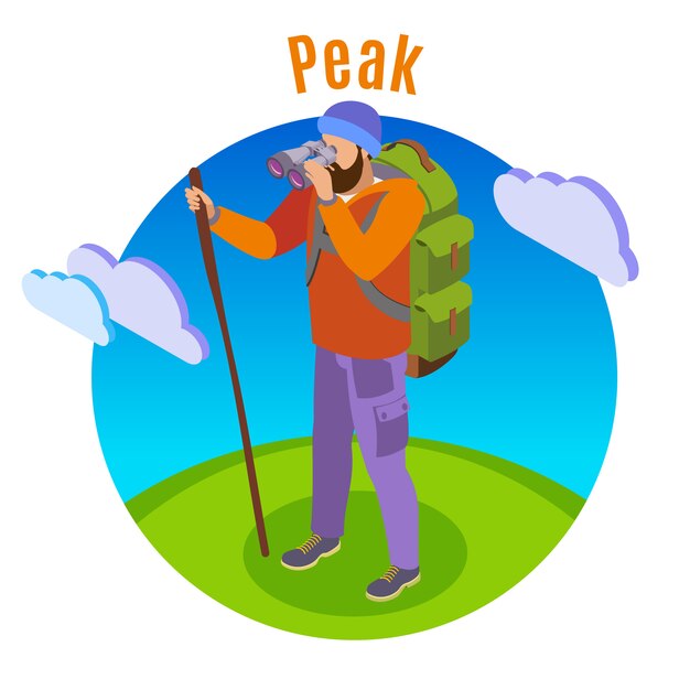 Hiking isometric illustration with human character of tourist in open plain with cloud images and text