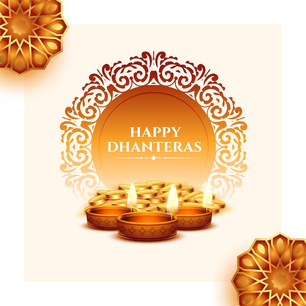 Vettore gratuito fondo felice di celebrazione di dhanteras di festival indù con il vettore della decorazione di diya dell'olio