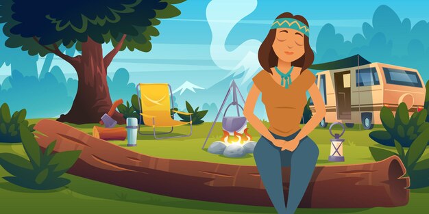 숲 캠프에서 히피 소녀, 자연을 즐기는 여자