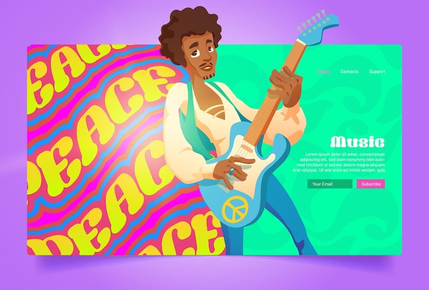 Free vector hippie peace music cartoon style hippy black man playing guitar singing banner