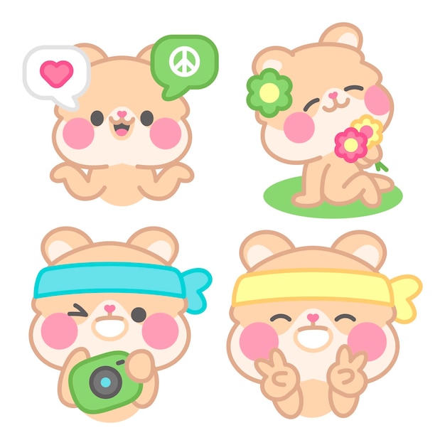 Free vector hippie stickers collection with kimchi the hamster