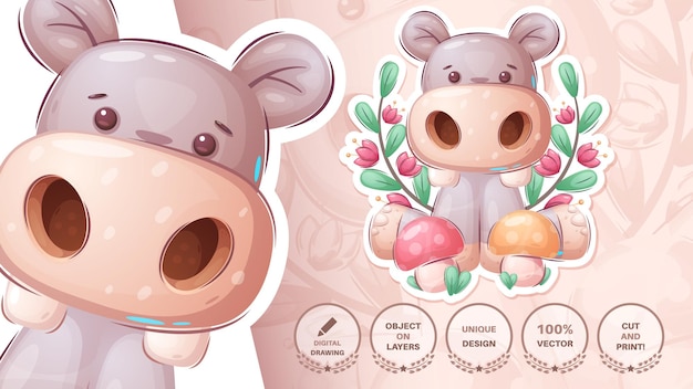 Hippo with mushroom - cute sticker
