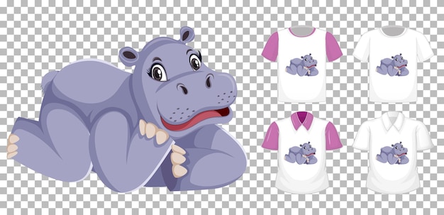 Free vector hippopotamus in laying position cartoon character with many types of shirts on transparent background