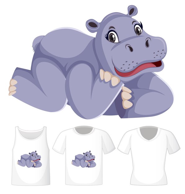 Hippopotamus in laying position cartoon character with many types of shirts on white background