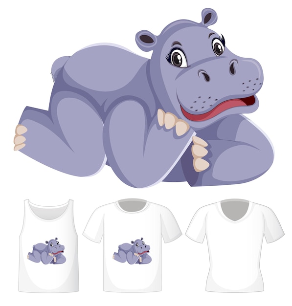 Hippopotamus in laying position cartoon character with many types of shirts on white background