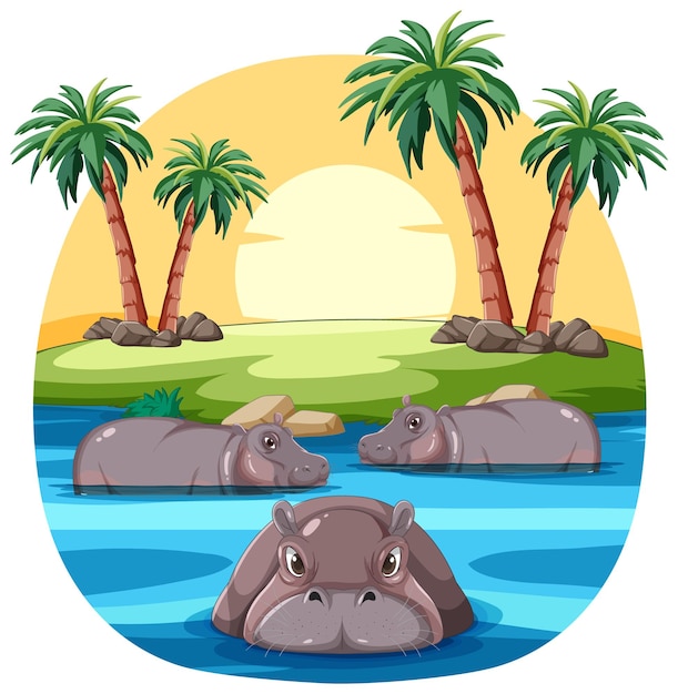 Free vector hippos relaxing in a tropical river