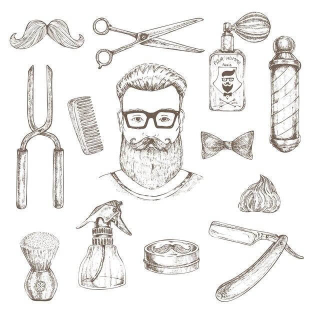 Barber shop collection. Drawing accessories for beauty haircut