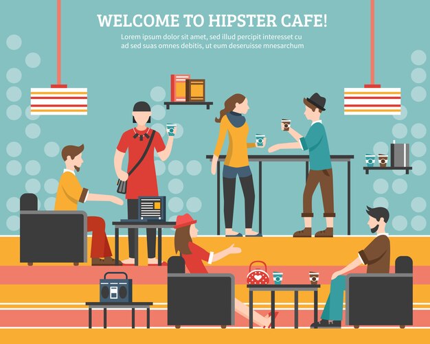 Hipster Cafe Flat Illustration