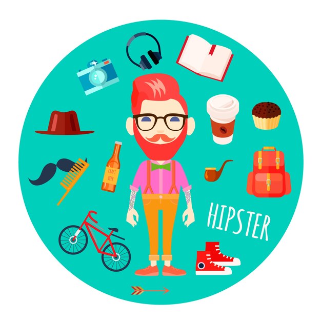 Hipster character man with red hair fake mustache and retro accessories
