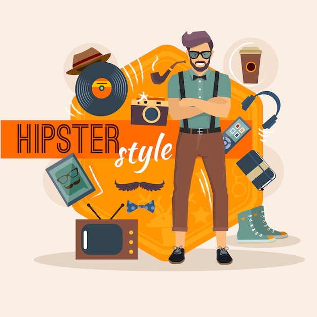 Free vector hipster character pack for geek man with fashion accessory and objects