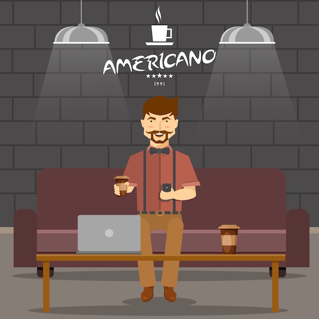 Hipster in coffee shop design with smiling man on sofa with beverage and smartphone