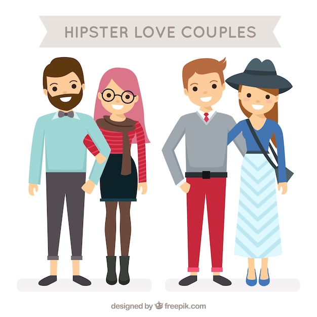 Hipster couples smiling in flat design