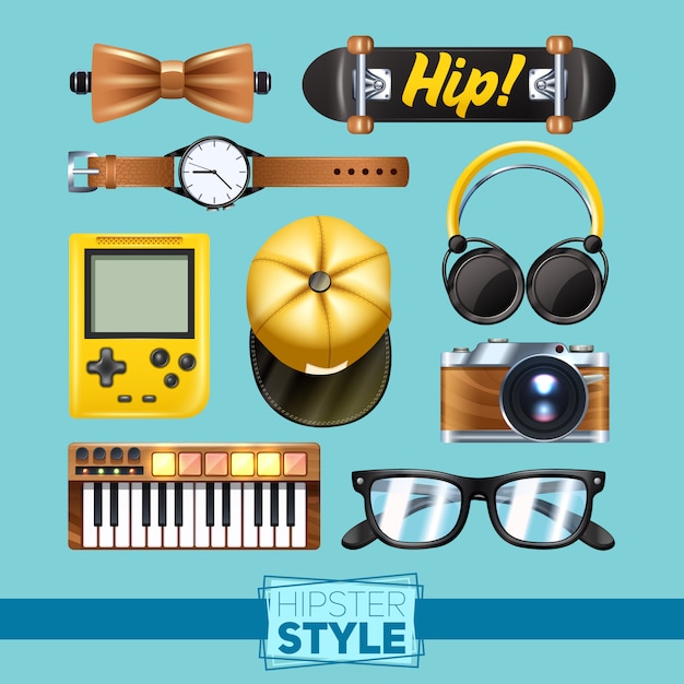 Free vector hipster elements set with glasses wrist watch keyboard isolated