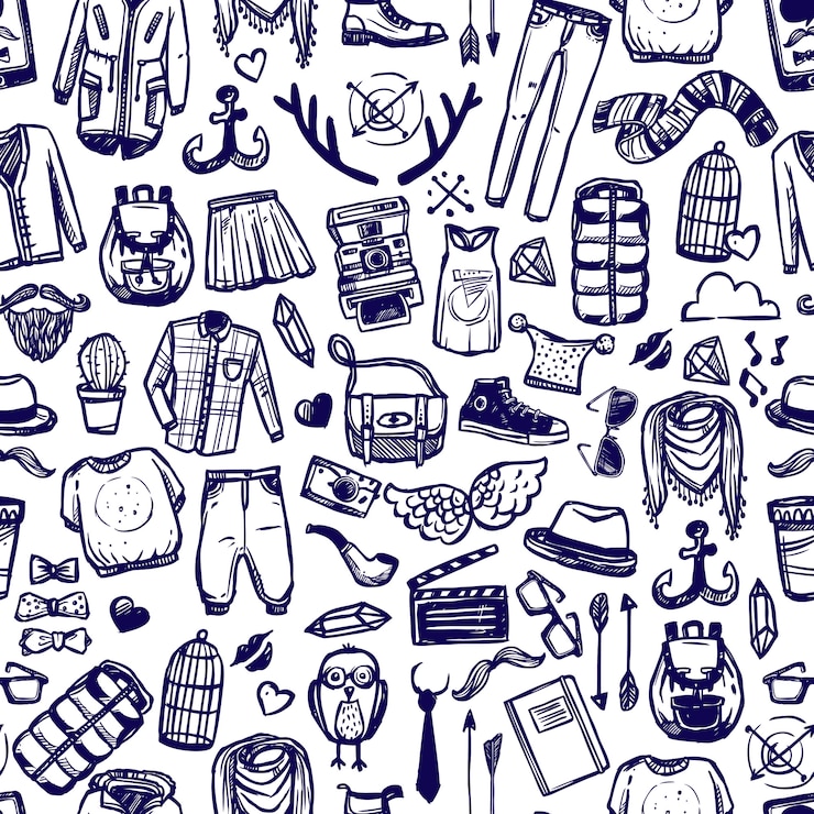 Free Vector hipster fashion clothing doodle seamless pattern
