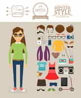 Free vector hipster girl elements. hipster clothes, hairstyles and logos.