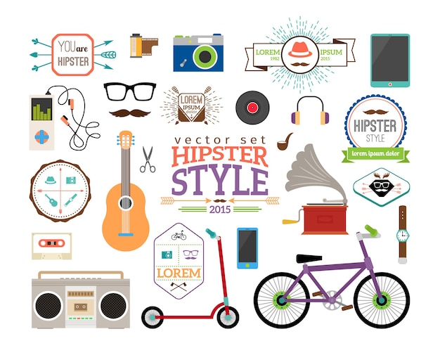 Бесплатное векторное изображение Хипстерские элементы инфографики и этикетки. скутер и проигрыватель, трубка и пластинка, гитара и магнитофон, часы и велосипед.