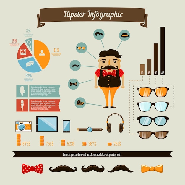 Elementi di infographics di hipster impostati con grafici del ragazzo di geek e illustrazione vettoriale dei grafici