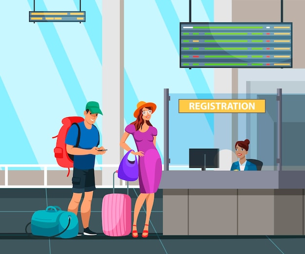 空港でのチェックイン中にキューに並んでいる流行に敏感な男性美しいファッションの女性登録デスクでの観光客フライト前のチケットパスポート検査