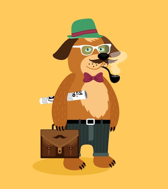 Free vector hipster nerd puppy dog with glasses pipe newspaper and suitcase vector illustration