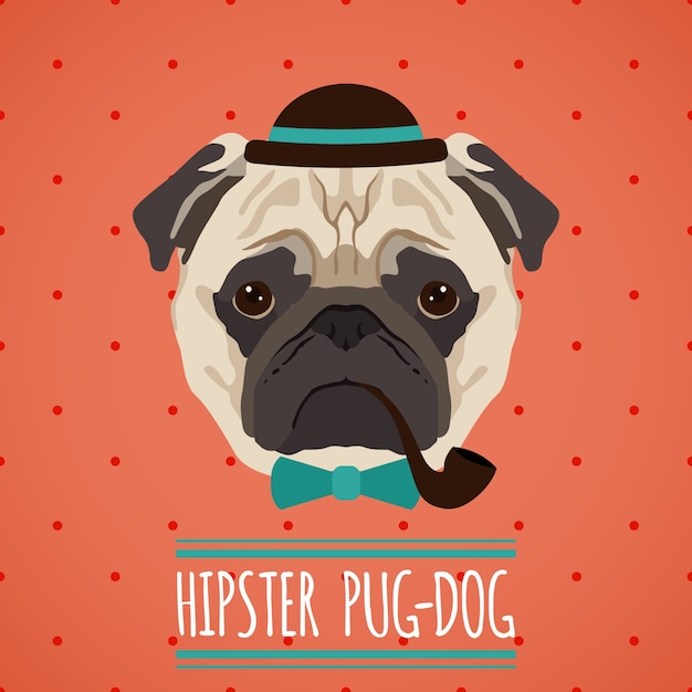 Хипстер собака-мопс с шляпой для курительной трубки и галстук-бабочка с лентой Бесплатные векторы