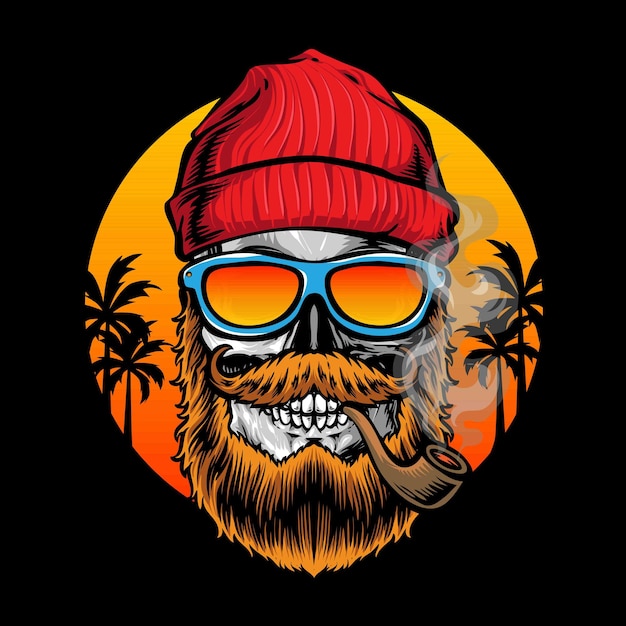 Free vector hipster skull with sunset background