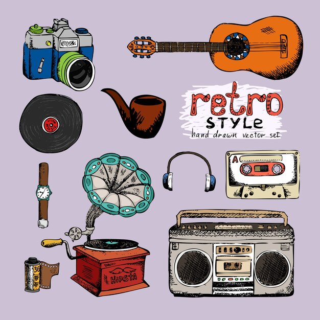 hipster style music and photo vector hand drawn