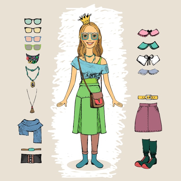 Free vector hipster woman with crown and glasses character set