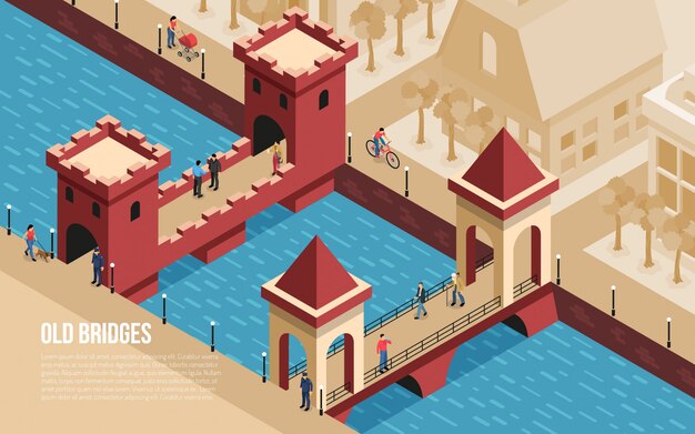 Historic old classic stone bridges city landmarks with people\
crossing river isometric composition vector illustration